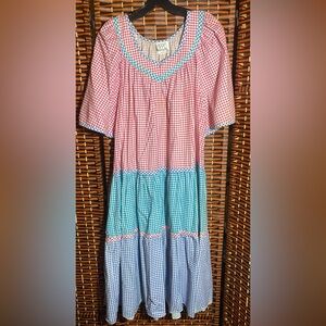 Vintage APPEL Size M Gingham House Dress Pink, Turquoise & Blue Cottagecore